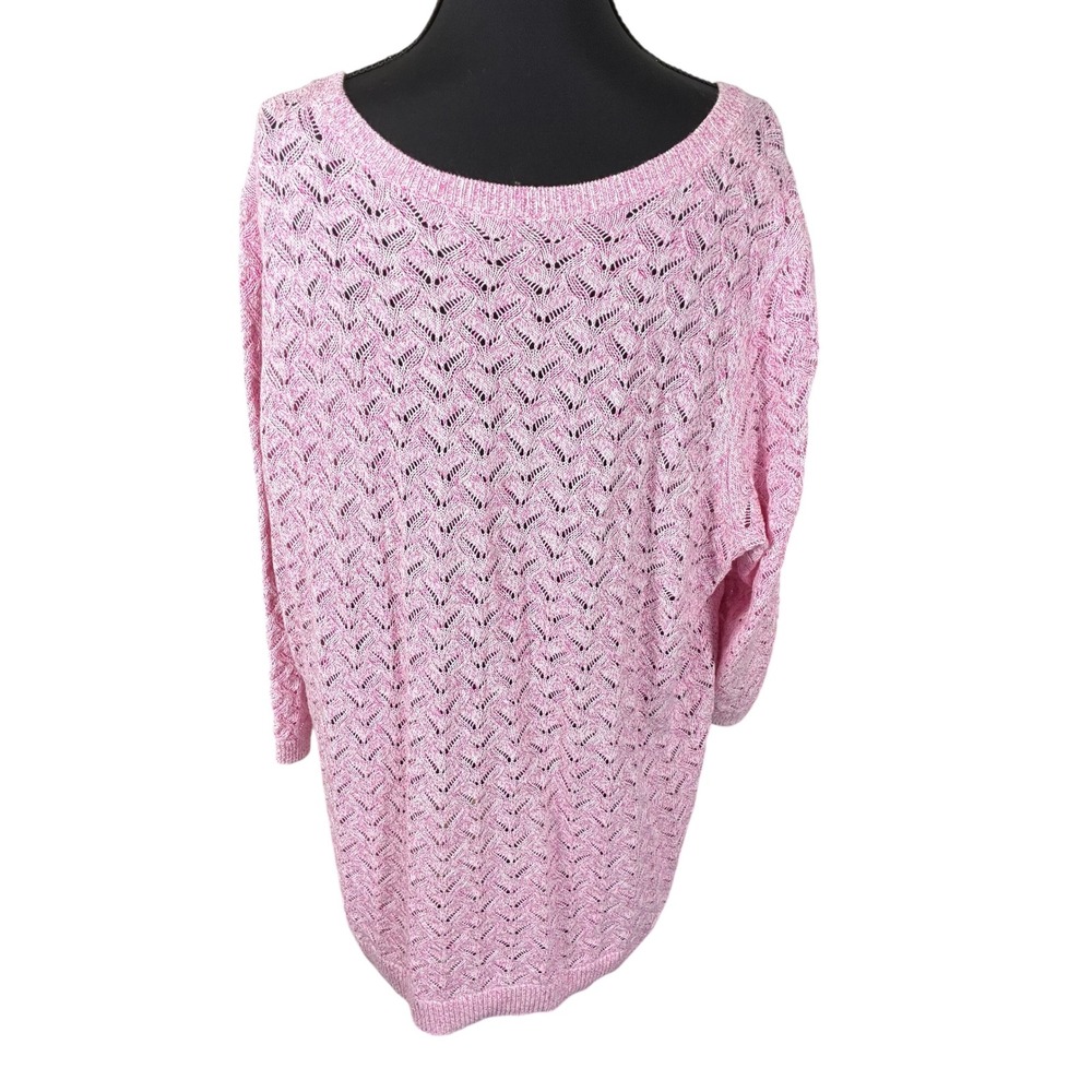 Talbots Plus 2X Pink White Marled Pointelle Chevron Cotton Linen Sweater 3/4 Slv